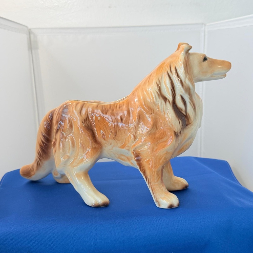 Vintage Collie Dog Ceramic Planter Large Lassie Style Tan White Glazed Figurine - Picture 5 of 11